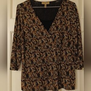 Notations Black and Brown Wrap Blouse 3/4 Sleeve